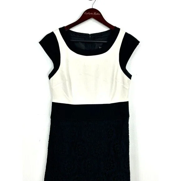 Laundry by Shelli Segal Sz 6 Black White Colorblock Lace Sheath Career Dress N4 - Picture 5 of 12